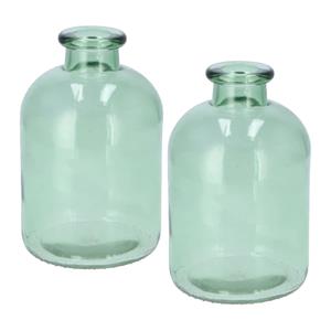 DK Design Bloemenvaas fles model - 2x - helder gekleurd glas - zeegroen - D11 x H17 cm -
