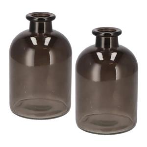 DK Design Bloemenvaas fles model - 2x - helder gekleurd glas - zwart - D11 x H17 cm -