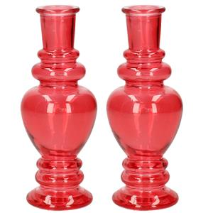 Ideas 4 Seasons Bloemenvaas Venice - 2x - voor kleine stelen/boeketten - gekleurd glas - helder koraal rood - D5,7 x -