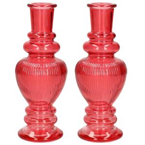 Ideas 4 Seasons Bloemenvaas Venice - 2x - voor kleine stelen/boeketten - gekleurd glas - ribbel koraal rood - D5,7 x -