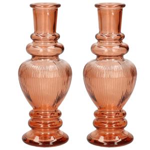 Ideas 4 Seasons Bloemenvaas Venice - 2x - voor kleine stelen/boeketten - gekleurd glas - ribbel zacht oranje - D5,7 -