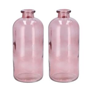 DK Design Bloemenvaas fles model - 2x - helder gekleurd glas - zacht roze - D11 x H25 cm -