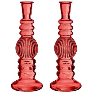 Bloemenvaas Florence - 2x - voor kleine stelen/boeketten - koraal rood glas - ribbel - D8,5 x H23 cm -