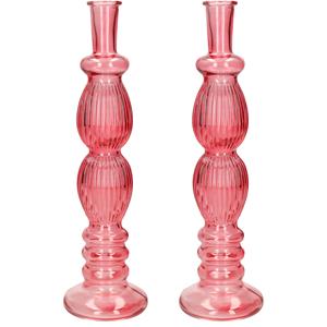 Bloemenvaas Florence - 2x - voor kleine stelen/boeketten - koraal rood glas - ribbel - D9 x H28 cm -