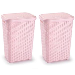 PlasticForte 2x stuks grote rotan wasmand met deksel van 60 liter in het lichtroze -