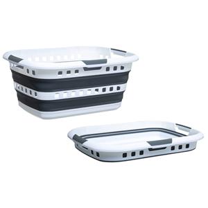5five Wasmand opvouwbaar met handvatten - 2x - kunststof - 45L - grijs/wit - 62 x 45 x 27 cm -