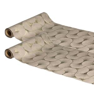 Chaks Tafelloper op rol - 2x - ginkgo print - beige/champagne - 28 x 300 cm - polyester -