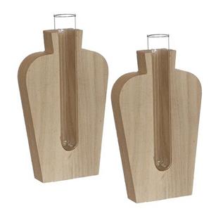 Ideas 4 Seasons Stekvaasje/bloemenvaasje reageerbuis model - 2x - 8 x 3 x 14 cm - op voet van hout -