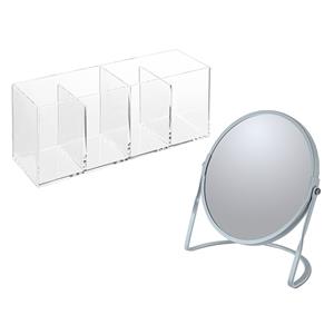 Spirella Make-up organizer en spiegel set - 4 vakjes - plastic/metaal - 5x zoom spiegel - blauw/transparant -