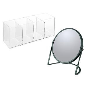 Spirella Make-up organizer en spiegel set - 4 vakjes - plastic/metaal - 5x zoom spiegel - donkergroen/transpa -