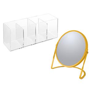 Spirella Make-up organizer en spiegel set - 4 vakjes - plastic/metaal - 5x zoom spiegel - geel/transparant -