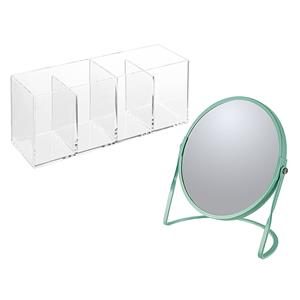 Spirella Make-up organizer en spiegel set - 4 vakjes - plastic/metaal - 5x zoom spiegel - groen/transparant -
