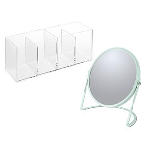 Spirella Make-up organizer en spiegel set - 4 vakjes - plastic/metaal - 5x zoom spiegel - mint/transparant -