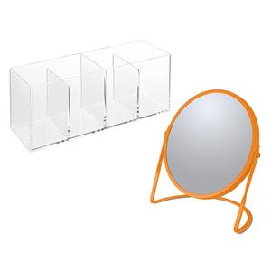 Spirella Make-up organizer en spiegel set - 4 vakjes - plastic/metaal - 5x zoom spiegel - oranje/transparant -