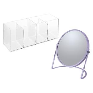 Spirella Make-up organizer en spiegel set - 4 vakjes - plastic/metaal - 5x zoom spiegel - paars/transparant -