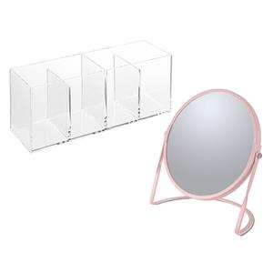 Spirella Make-up organizer en spiegel set - 4 vakjes - plastic/metaal - 5x zoom spiegel - roze/transparant -