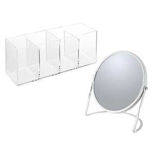 Spirella Make-up organizer en spiegel set - 4 vakjes - plastic/metaal - 5x zoom spiegel - wit/transparant -