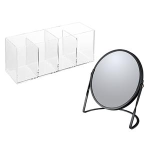 Spirella Make-up organizer en spiegel set - 4 vakjes - plastic/metaal - 5x zoom spiegel - zwart/transparant -