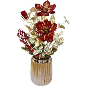 I.GE.A. Winterse kunstplant Gesteck mit Magnolie in Keramikvase, Weihnachtsdeko,
