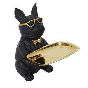 CASA DI ELTURO Beeld Bulldog Zwart met Goudkleurige dienblad - H21 cm