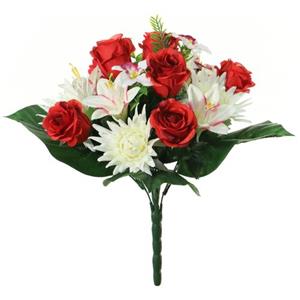 Louis maes Kunstbloemen Boeket Roos/orchidee/chrysant - Rood/wit - 36cm