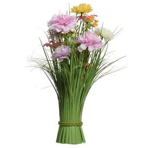 Everlands Kunstgras Boeket Bloemen - Anjers - Lila - Geel - H40 Cm