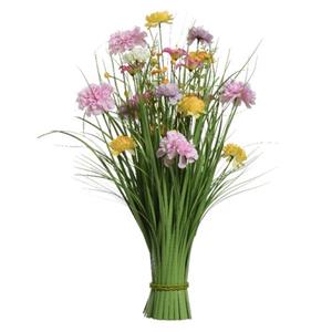 Everlands Kunstgras Boeket Bloemen - Anjers - Lila Paars - Geel - H70 Cm