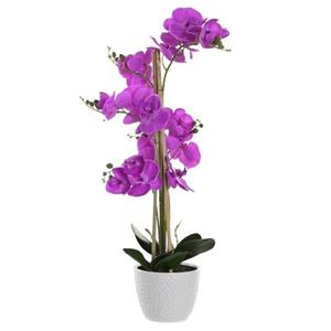 Items Kunstplant Orchidee - Roze Bloemen - Witte Pot - H77 Cm