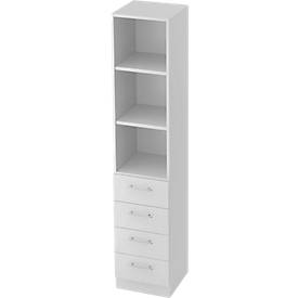 Combi-boekenkast, 5 OH, 3 open vakken + 4 laden, B 406 x D 420 x H 2004 mm, lichtgrijs