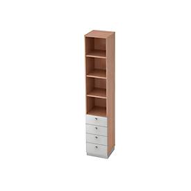 Combi-boekenkast 3 legborden + 4 laden, spaanplaat, B 400 x D 420 x H 2200 mm, notenhoutdecor/zilver