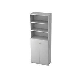 Combi-boekenkast, 6 OH, 3 open vakken + 2 afsluitbare deuren, B 800 x D 420 x 2210 mm, lichtgrijs