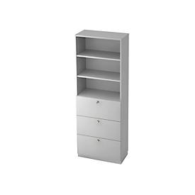 Combi-boekenkast, 3 vakken + 4 HM-laden, spaanplaat, 6 OH, B 400 x D 420 mm, lichtgrijs