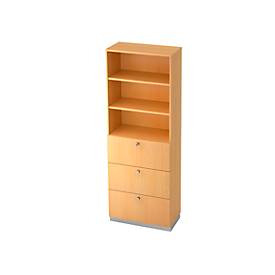 Combi-boekenkast, 3 vakken + 4 HM-laden, spaanplaat, 6 OH, B 400 x D 420 mm, beukendecor