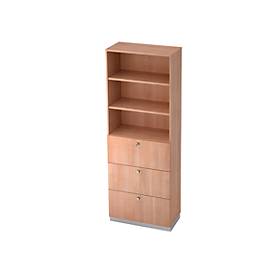 Combi-boekenkast, 3 vakken + 4 HM-laden, spaanplaat, 6 OH, B 400 x D 420 mm, notenhoutdecor
