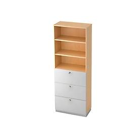 Combi-boekenkast, 3 vakken + 4 HM-laden, spaanplaat, 6 OH, B 400 x D 420 mm, ahorndecor/zilver