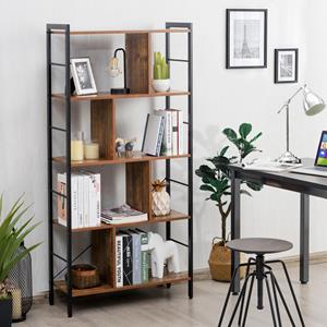 Costway 5 Tier Boekenkast Metalen Frame Boekenkast Staand Hout 74 x 30 x 154,5 cm Bruin