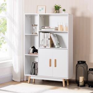 Costway Moderne Houten Boekenkast met 2 Deuren voor Huis en Kantoor 80 x 24 x 119 cm Wit