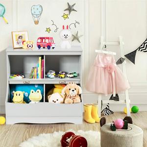 Costway Kinderrek Speelgoedrek met 4 Vakken Boekenrek voor Kinderen Opbergrek Speelgoedorganizer 67 x 40 x 62 cm Grijs