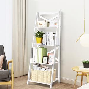 costway 4-Laags Ladderplank Moderne Hoekboekenplank met Dwarsbalk Opbergplank Displayrek Plantenbloemenstandaard Wit 50x46x143cm
