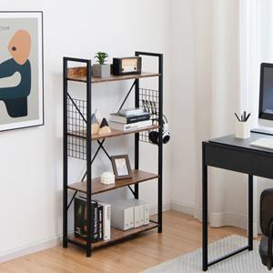 Costway Boekenkast Industrieel Staand Rek met 4 Niveaus Ladderrek met S-Vormige Haken Multifunctioneel Opbergrek met Kantelbescherming Bruin