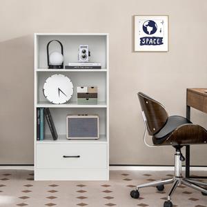 Costway 120 cm Boekenkast met Laden 4 Niveaus Opbergrek van Hout Staand Rek (Wit)