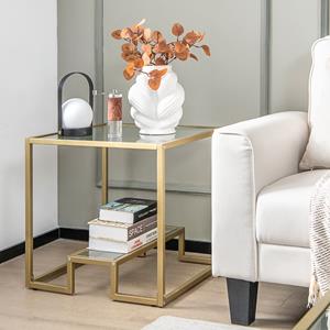 Costway Koffietafel met Glazen Tafelblad Metalen Frame Vierkante Glazen Tafel Woonkamertafel Koffietafel voor Werkkamer 56 x 56 x 56,5 cm