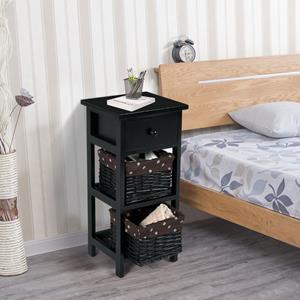 Costway (2 Stuks) Nachtkastje met Lade en 2 Opbergmanden Bijzettafel Rieten Dressoir Mand Commode Ladeblok Zwart