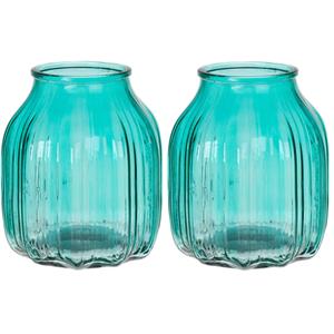 Bellatio Bloemenvaas klein - set van 2x - turquoise blauw - transparant glas - D14 x H16 cm -