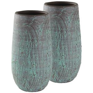Ter Steege Set van 2x stuks hoge bloempotten/plantenpotten vaas van keramiek antiek brons D17 en H37 cm -