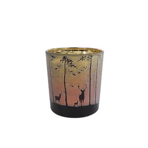 Merkloos Theelichthouder Forest Met Afbeelding Hert In Bos Groen/rood Glas 7,5x7,5x8cm