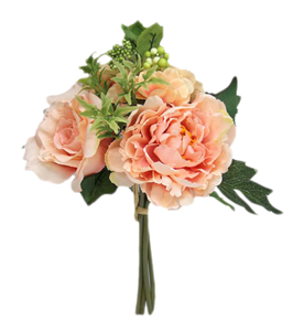 Decoflorall Roos met Pioen +blad boeketje 28cm. Champ/zalm flowerwall vuller