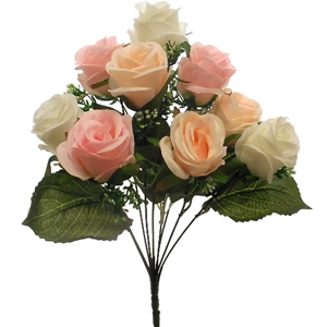 Decoflorall Zijde Rozen ROSEBUD BUSH WITH GYP (9 HEADS) IVORY/PINK/PEACH Grote bloem