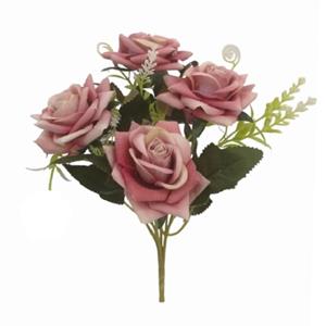 Decoflorall Zijde Rozenboeket OUD ROZE  27cm DIAMOND ROSE BUSH VINTAGE PINK Grote bloem