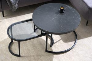 Invicta Interior salontafel set van 2 ELEGANCE 70cm zwart grijs marmer metalen frame - 43641